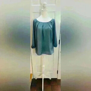 Talbots size L blouse, pleated neckline and cuffs, pretty denim blue color.